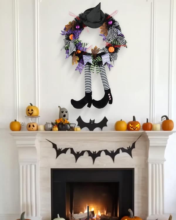 1 pc Halloween Decorations, Halloween Wreath, Halloween Witch Wreath Black Wreath with Hat Witch Legs Pumpkin