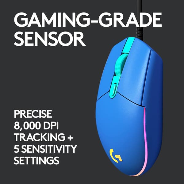 Spillmus med RGB-belysning, 6 programmerbare knapper, spillklassifisert sensor, 6K DPI-sporing, lett blå blue