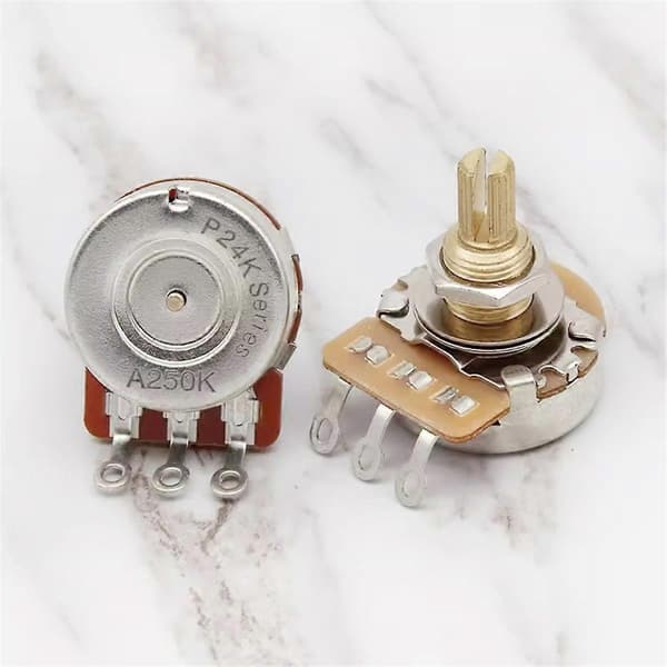 2 stk. gitarpotensiometre - 250K, kort akselalternativ 250K