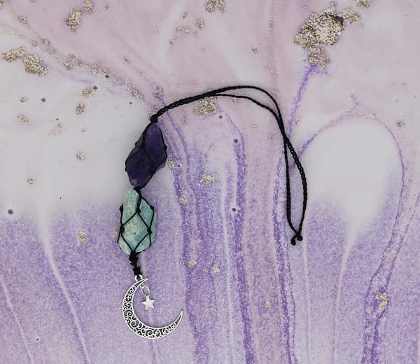 Hanging Car Charm - Amazonite & Rose Quartz - Hanging Moon & DXGHC