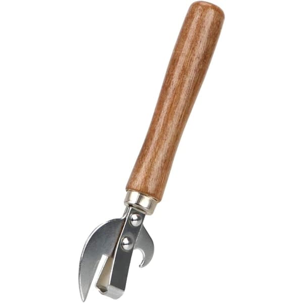 Manuell boksåpner i rustfritt stål, flaskeåpner, med trehåndtak, 15,5 cm