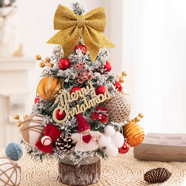 45 cm Mini Christmas Trees with Lights, Realistic Artificial Christmas Tree with Bows, Christmas Balls and Pine Cones, Mini Desktop Decoration Tree