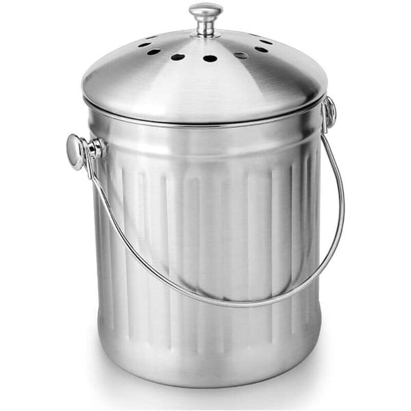Lugtfri Kompostspand i Rustfrit Stål til Køkkenet - Kompostbeholder til Køkkenet - Inkluderer Erstatningskulfilter (Blankt Rustfrit Stål, 5 Liter).