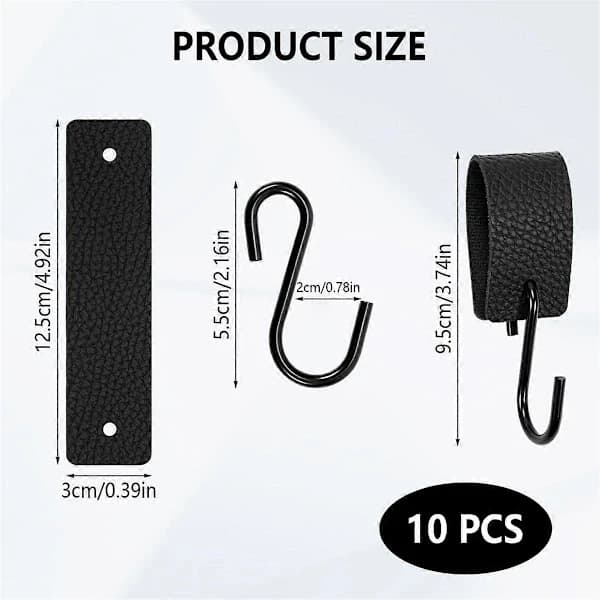 S-Hooks 10-pack with PU Leather Loops Metal Hanging Hooks for Wardrobe Rod Window Kitchen Camping Black