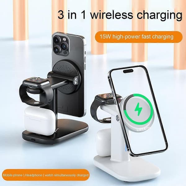 Magnetisk 3-i-1 Trådløs Lader Magnetisk Roterbart Stativ 15W Trådløs Hurtiglading