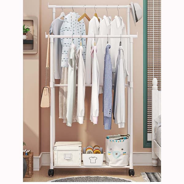 Portable Double Rod Clothes Rack - Adjustable Height, Stable Construction for Bedroom, Balcony, and Dorm Room White White White