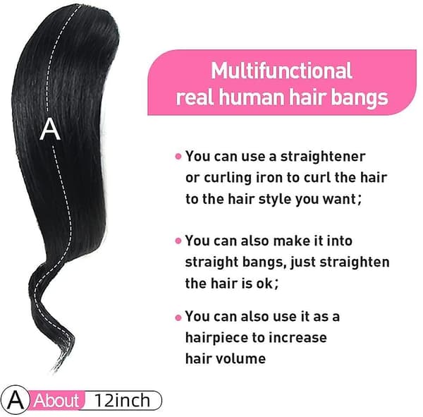 2 stk. Bølgete Side Bangs Clip-In Bangs Ekte Menneskehår Bølgete Bangs Hårforlengelser (Svart)
