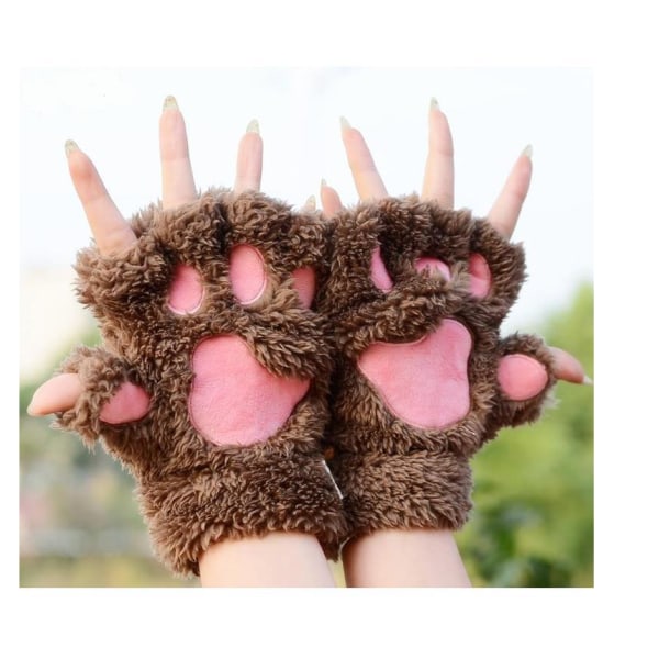 Söt katt kattunge tassar plysch fuskpäls fingerlösa handskar för flickor kvinnor (kaffefärg)