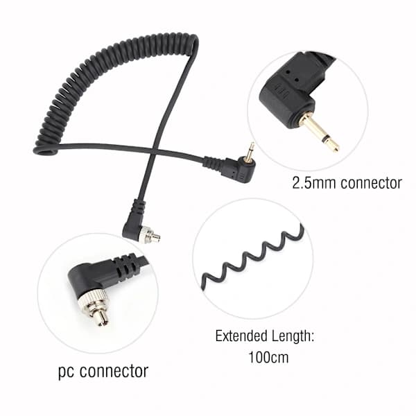 2,5 mm til han Flash PC-synkroniseringskabel med skruelås, forlænget spiralkabel