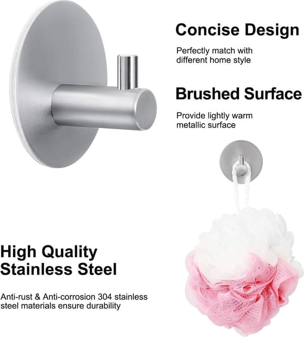 Stainless Steel Towel Hooks, 4 Pieces, Self-Adhesive Wall Hooks, No Drilling, for Bathroom and Kitchen