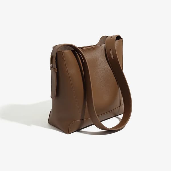 Brown Soft Smooth Leather Shoulder Bag with Large Capacity for Daily Commute, Shopping, and Leisure Use with Adjustable Side Drawstrings