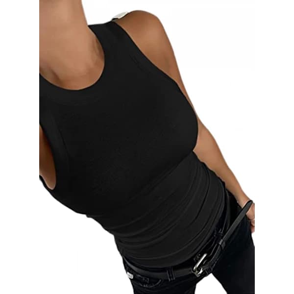 Tanktoppe til kvinder, ærmeløs, basic Cami Top, skjorte, slim Racerback bluser --- Sort (Størrelse L)