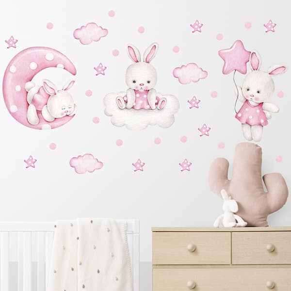 Rabbits with Balloons Pink, Personalized Wall Decals Watercolor
