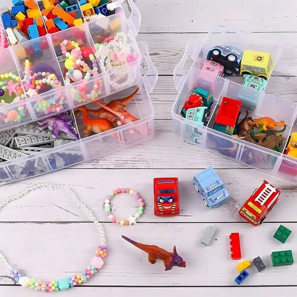 3-Tier Small Parts Organizer - 1, Transparent, Standard, 30 Stackable Compartments, Metal Handle, Beads, Building Blocks