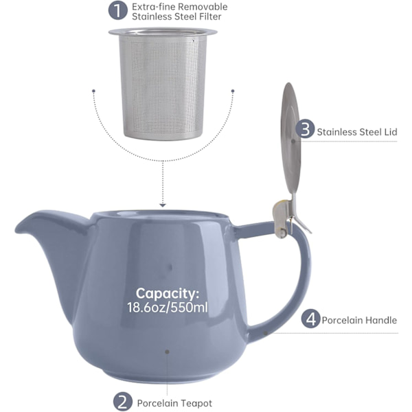 550 ml keramisk tekanne med avtakbar infuser for blomstrende te [JUN] Grå Grey