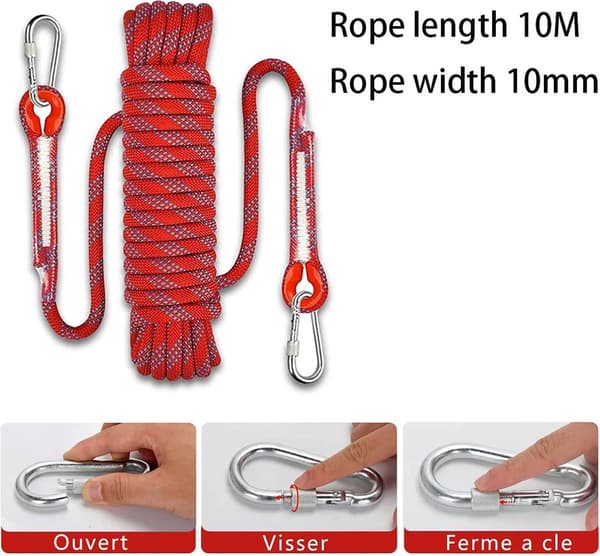 Climbing Rope 10 meters - 1000 kg Tensile Strength - including 2 Carabiners - Red - High Quality - Durable - Practical Use