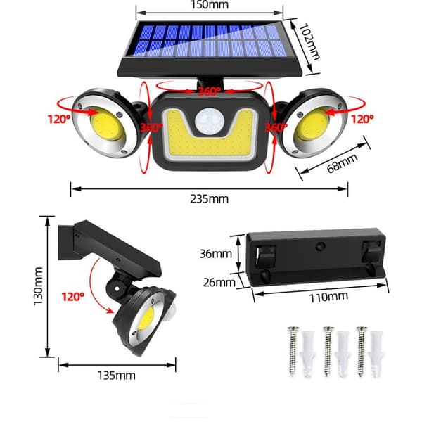 Solar Lamp Three Heads LED Solar Wall Light Outdoor Waterproof Rotating Wall Light Human Body Induction Garden Light (83 COB)