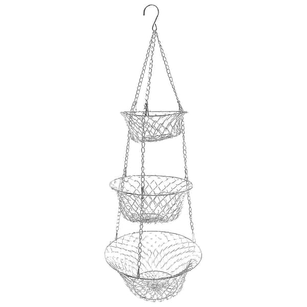 3-Tier Fruit Basket, Vegetable Storage Basket for Kitchen, Hanging Chain, Space-Saving Fruits, Plant Storage Basket (Silver)