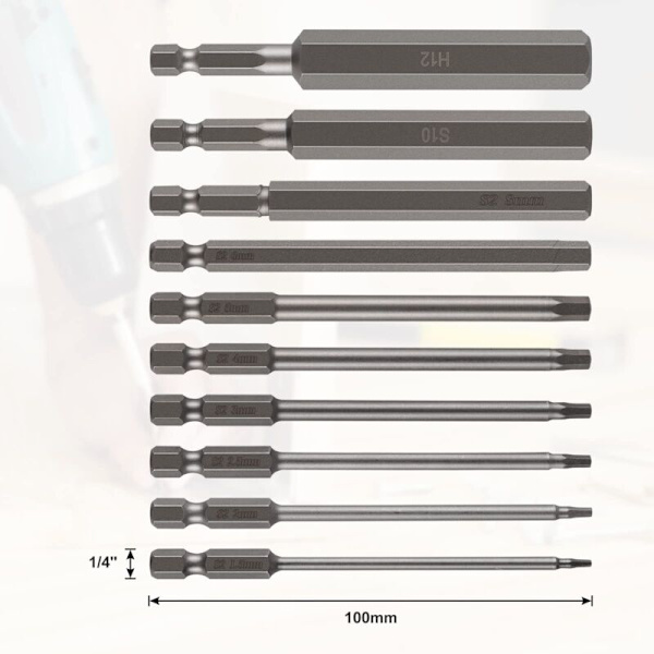 10 pcs 100mm 1.5-12mm Large Hex Socket Bits S2 Steel Hexagon Screwdriver Bits 1/4 Drill