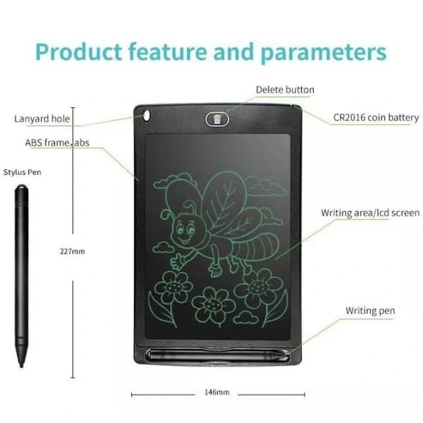 Digitaalinen piirustuspöytä lapsille, tabletti ja kynä, monivärinen LCD 8,5  \" musta