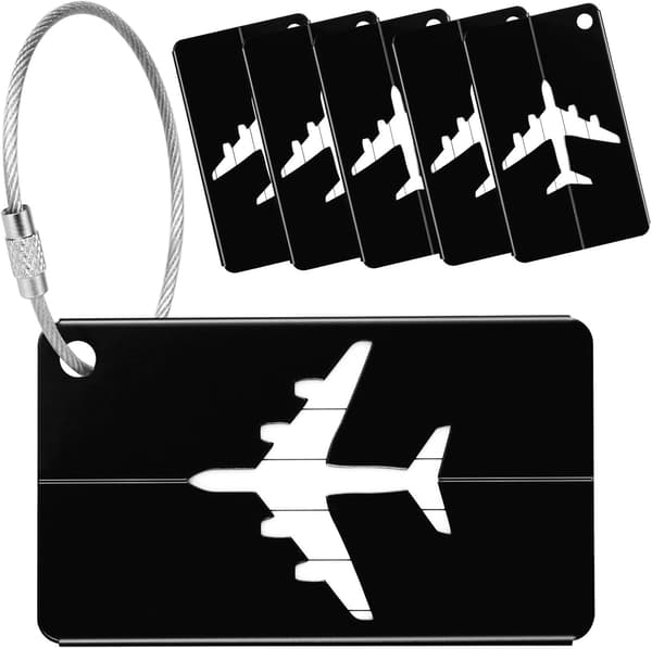 6 stk. bagagemærker til fly (sort) i aluminiumslegering med kuffertmærke