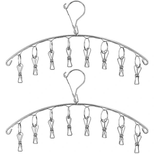Stainless Steel Drying Rack with Windproof Hooks, Underwear Rack, Clothes Drying Rack with 8 Clips for Drying Socks, Towels (2-Pack)