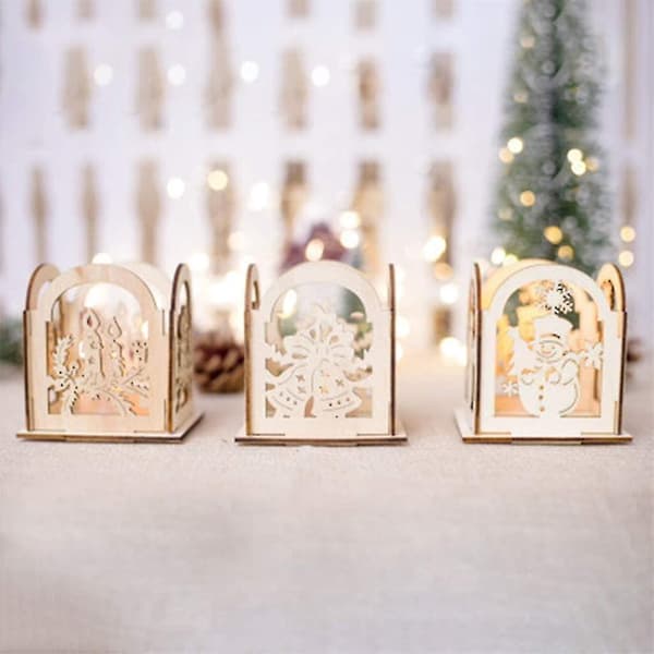 Juletrepynt, Lysestaker i Tre, Lysboks, Telys, Midtstykker til Jul, Bryllup, Hjemmeinnredning (3 stk, hvit)