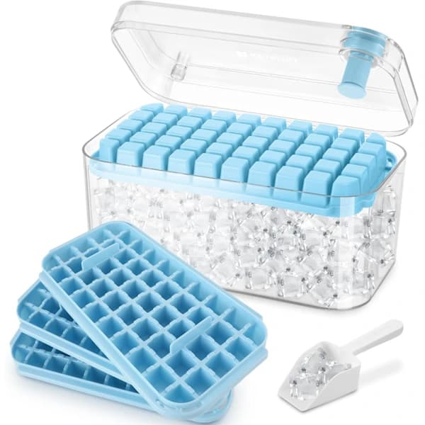 [PL】150 Cubes Ice Mold with Lid Including Container, Easily Press to Release Ice, 3 Tiers, Scoop (Blue)