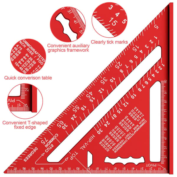 180 mm vinkelhake, aluminiumlinjal, 45°, 90° förtjockad, triangulär vinkelhake (röd) Röd Red