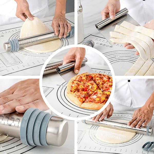 Adjustable Rolling Pin with Thickness Rings, Scale Gauge, Dough Scraper, 430 Stainless Steel, Kitchen Utensils, Baking Tools
