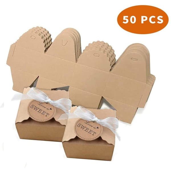 Kraft presentaskar + tyll, förpackning med 50 - 50 stycken, brun, 8x8cm - godislåda, jul, bröllop, fest, presentförpackning - kraft