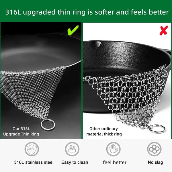 Støbejernsrenser, støbejernsskrubber, opgraderet tynd ring, 316L rustfri stålskrubber patenteret L 8''x 8'', rustfrit stålnet, ståluldsskrubber