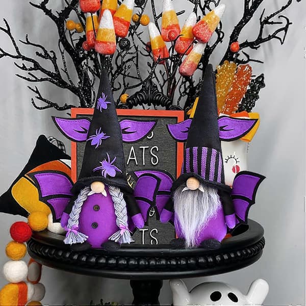 2025 2 pcs Halloween Gnome Fall Decorations, Handmade Faceless Plush Halloween Witch Gnomes with Spider Bat Ornaments