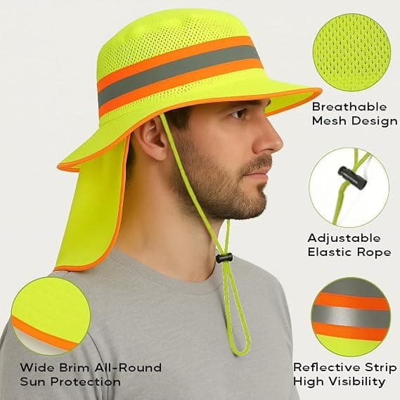 Solhat, beskyttelseshjelm til mænd, med nakkebeskyttelse, bred skygge, UV-beskyttelse (Neon Lime)