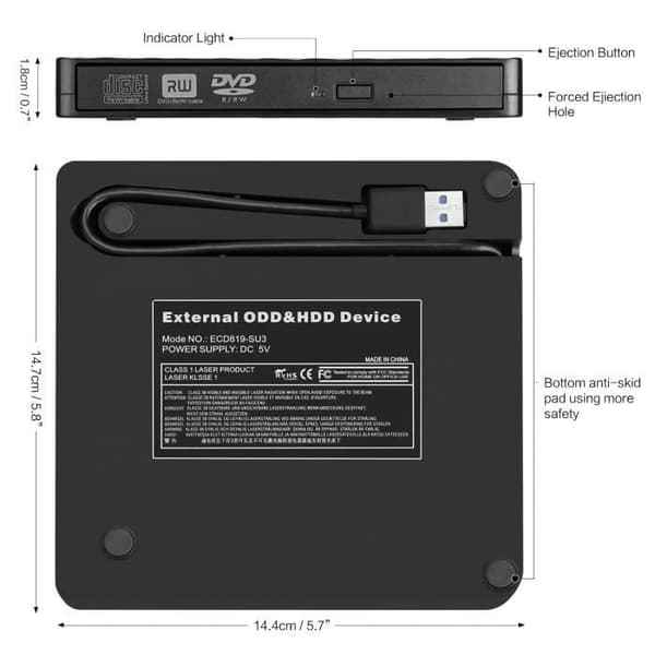 Ekstern DVD-drev til bærbar computer, USB 3.0-drev, slank bærbar DVD-RW CD-brænder - Sort[DB]