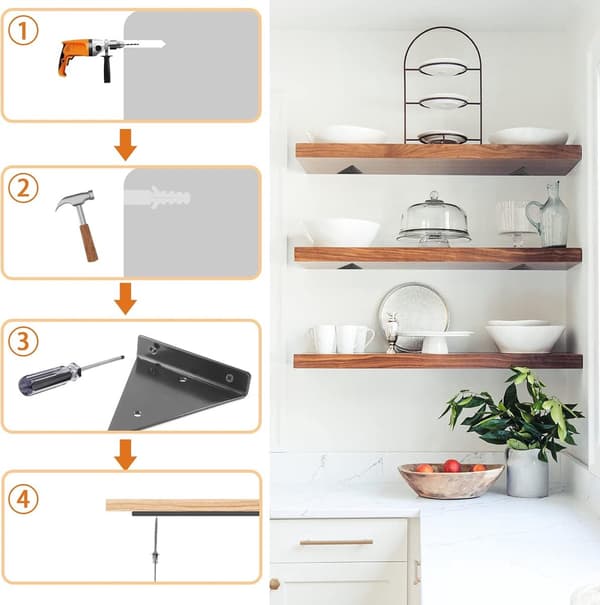 Triangular Shelf Bracket, Wall Mounted, Heavy Duty Hidden, Black, for 15-25cm Shelves, 4x