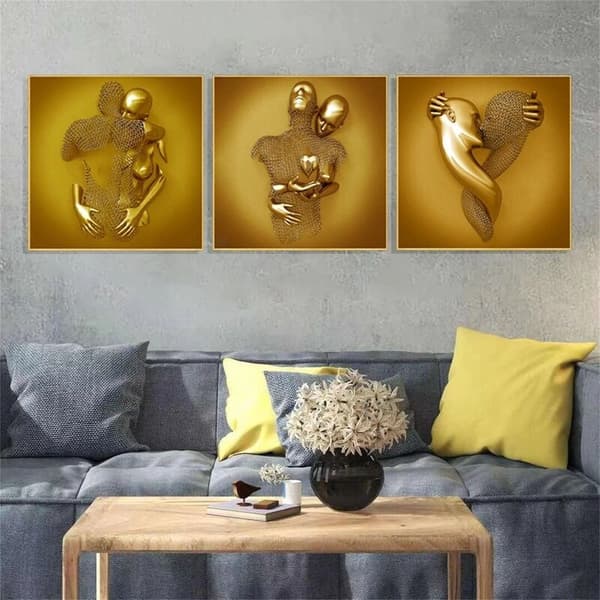 3D-effekt väggkonst abstrakt metallskulptur duk modern målning väggdekoration 30 40cm guld