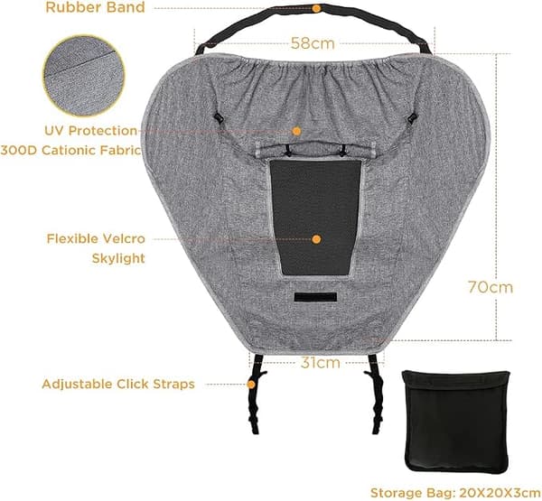 Universal Grey Sunshade for Stroller Sun Canopy for Pram Carrycot UV 50+ Adjustable Sun Visor Cradle with Storage Bag