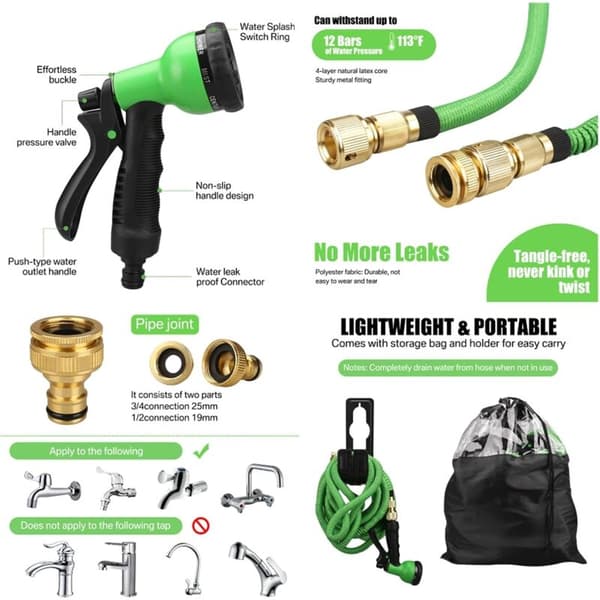 7.5m Retractable Garden Hose with Brass Fittings, 8-Function Spray Gun and Holder