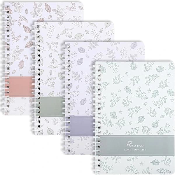 A5 Spiralblok 4-pak, 120 linjerede sider - Blomsterdesign