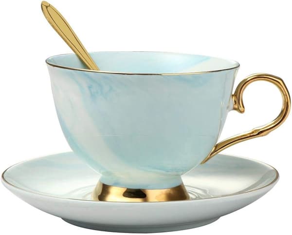 Marble Ceramic Cup and Saucer Set with Camellia Pattern Bone China, Coffee Mug, Tea Cup with Gold Rim, with Coffee Cup, Saucer and Spoon, 200ml (Blue)