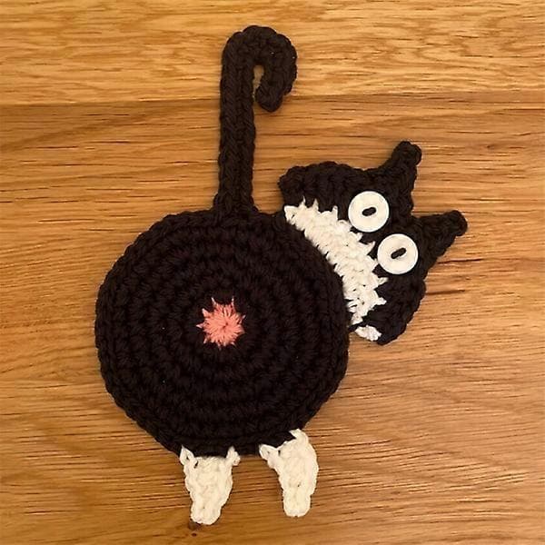 1 pc New Cat Butt Coaster Funny Drink Mat Handmade Crocheted Cup Coaster Home Decor [DB]
