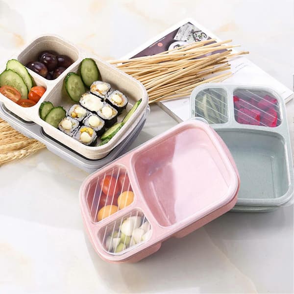 JiKaiX 4-pack 3-Compartment Lunch Box Microwave Safe Bento Box with Transparent Lid Food Grade Lunch Container