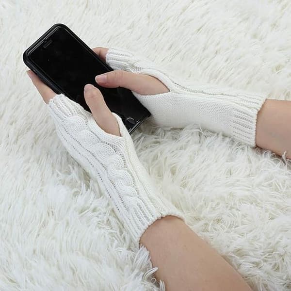Ribbed Wrist Warmers Stretchy Cable Knit Fingerless Gloves White KLB