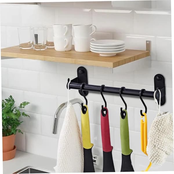 Wall Mounted Pot Rack, 12 Inch Aluminum Kitchen Rail with 4 Hooks, Rustproof Utensil Holder for Pans and Pots, Black