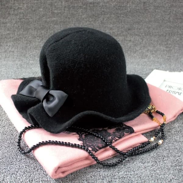 Uld Bucket Hatte Dame Bowler Hat SVART sort