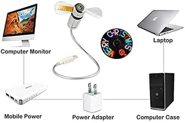SQCLV LED USB-ventilator, Ny Kreativ Programmerbar USB-drevet Bærbar Ventilator, Mini Svanhals DIY Beskedventilator til bærbar og computer - Farverigt Lys [DB]