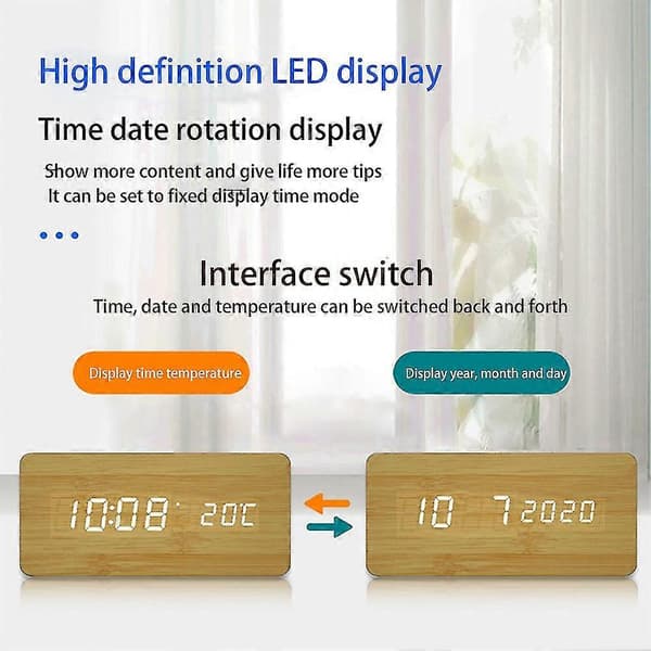 Trä LED Väckarklockor Elektronisk Klocka Ljudkontroll Digital Display Skrivbordskalender Bordsklocka