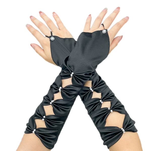 (Sort) - Dame lange satinhansker - Sexy fingerløse hansker - Adu