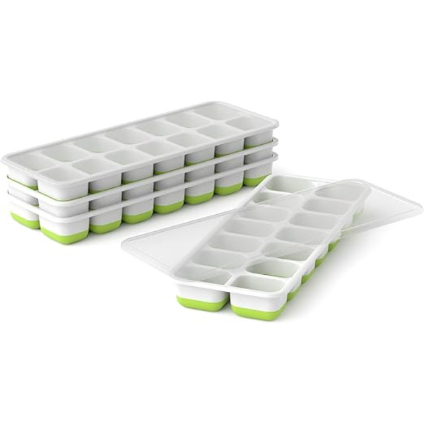 Ice Cube Tray - Set of 4 Molds - Soft Bottom for Easy Ice Cube Release - Save Space with Stackable Lids - Dishwasher Safe - BPA-Free Silicone